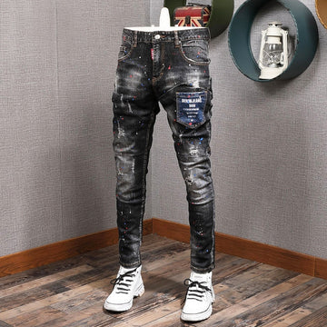 Riolio Fashion Streetwear Men Jeans Retro Black Blue Elastic Slim Fit Ripped Jeans Men Spliced Designer Embroidery Hip Hop Denim Pants